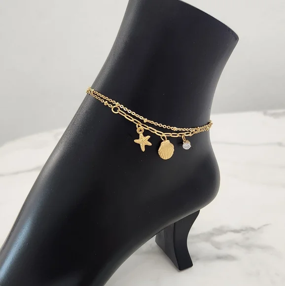Gold Beach Starfish, Shell & Crystal Accent Charm Anklet Bracelet - Picture 8 of 10